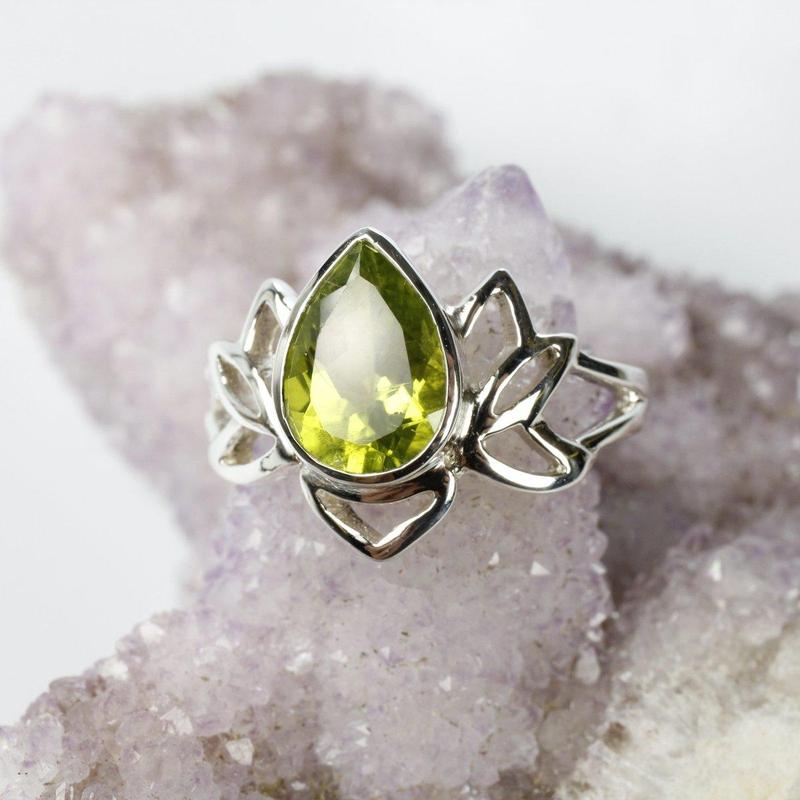 Faceted Lotus Peridot Ring || .925 Sterling Silver || Compassion-Nature's Treasures