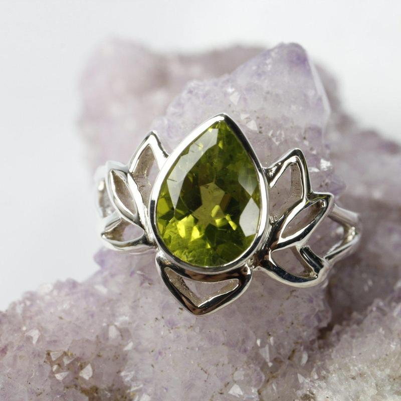 Faceted Lotus Peridot Ring || .925 Sterling Silver || Compassion-Nature's Treasures