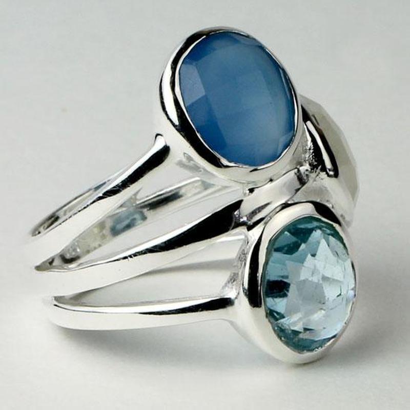 Faceted Multi-Stone Ring Blue Chalcedony, Blue Topaz, Moonstone || .925 Sterling Silver-Nature's Treasures