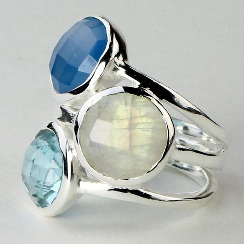 Faceted Multi-Stone Ring Blue Chalcedony, Blue Topaz, Moonstone || .925 Sterling Silver