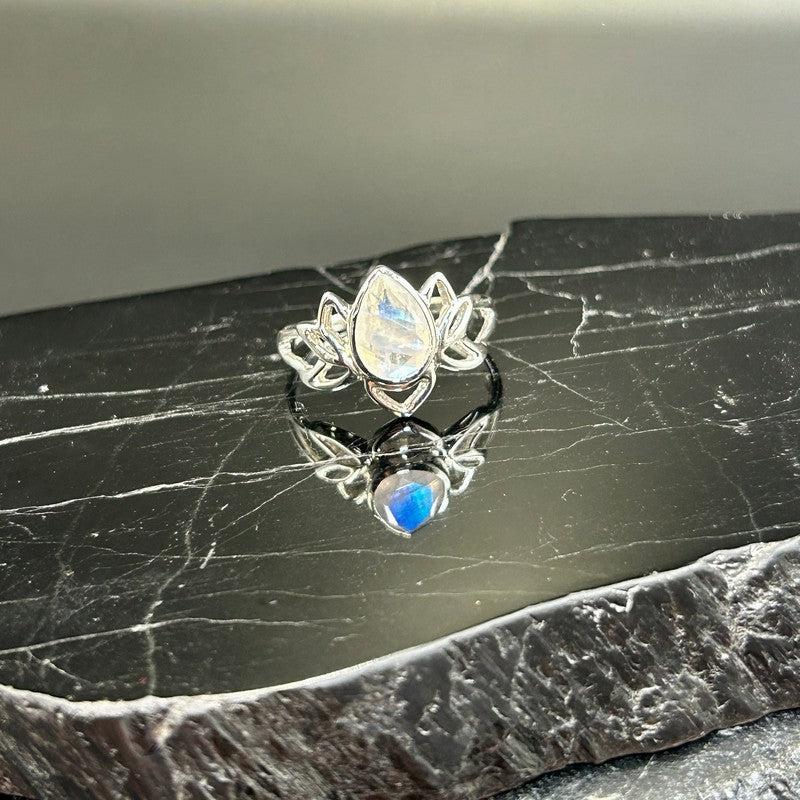 Faceted Rainbow Moonstone Lotus Flower Ring || .925 Sterling Silver-Nature's Treasures