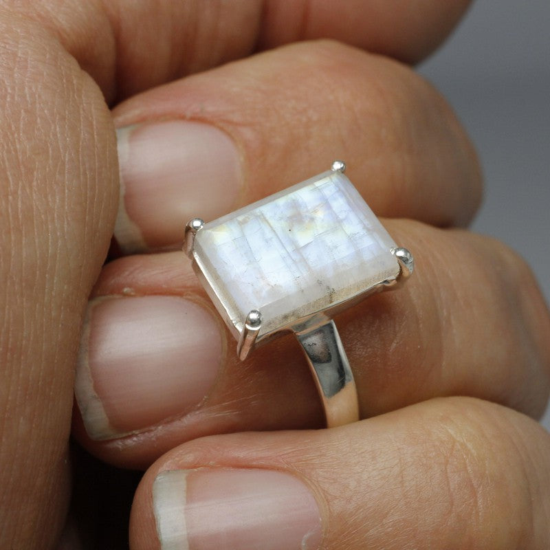 Faceted Rainbow Moonstone Rings || .925 Sterling Silver-Nature's Treasures