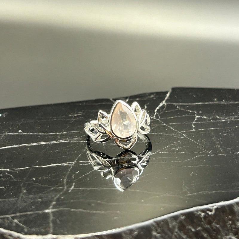 Faceted Rose Quartz Lotus Flower Ring || .925 Sterling Silver-Nature's Treasures