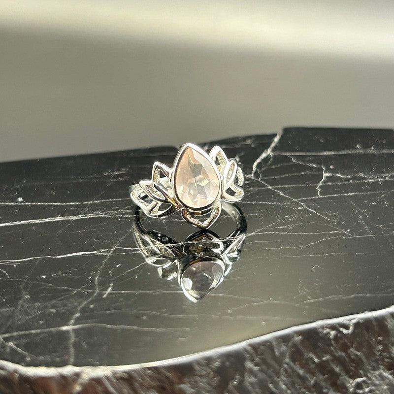 Faceted Rose Quartz Lotus Flower Ring || .925 Sterling Silver-Nature's Treasures