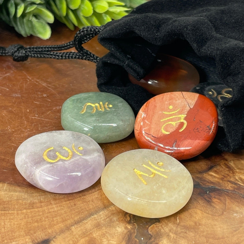 Flat Stone Chakra Set With Velvet Bag || Sanskrit and Sacred Geometry-Nature's Treasures