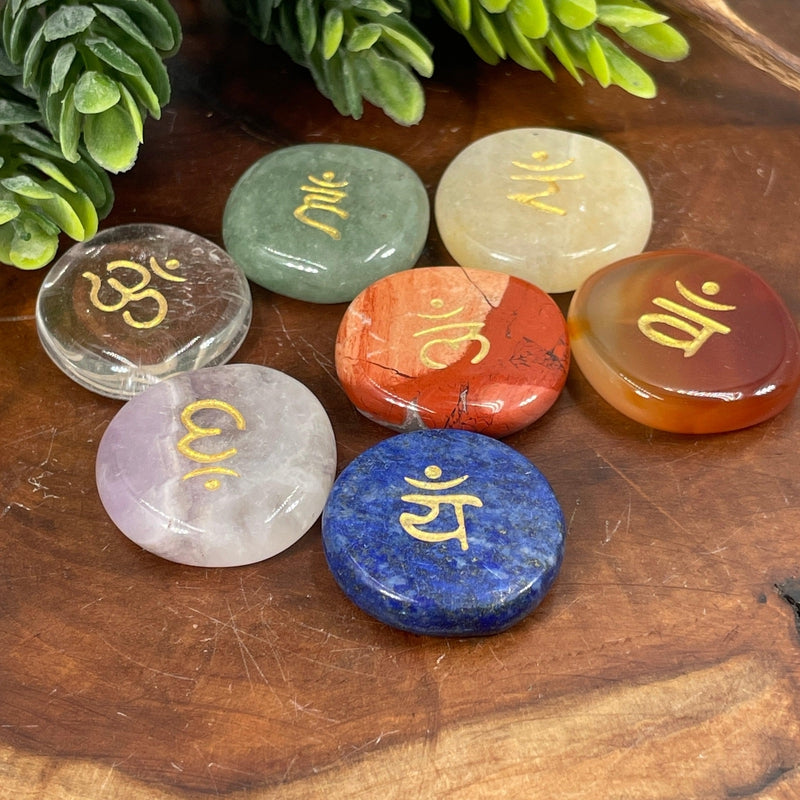Flat Stone Chakra Set With Velvet Bag || Sanskrit and Sacred Geometry-Nature's Treasures