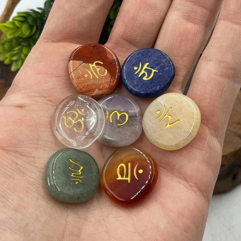 Flat Stone Chakra Set With Velvet Bag || Sanskrit and Sacred Geometry-Nature's Treasures