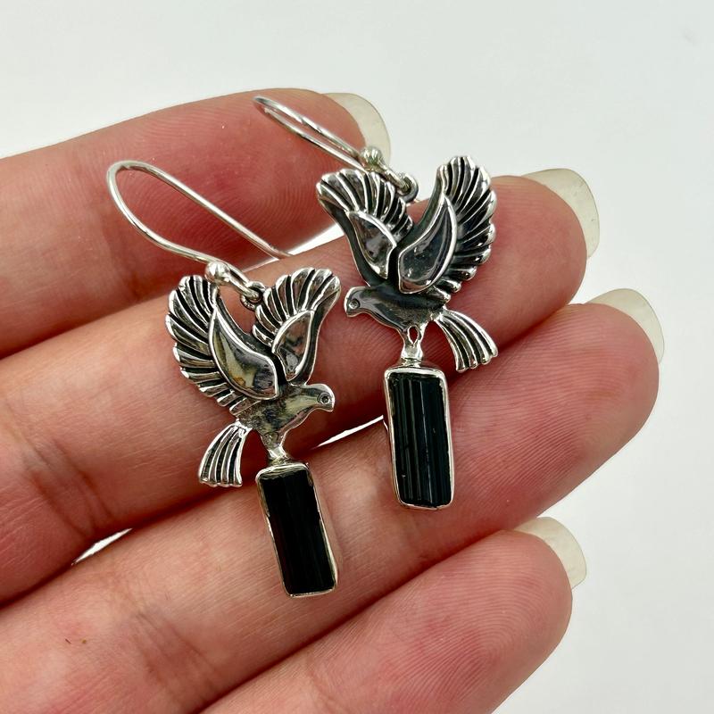 "Fly With Doves" Black Tourmaline French Hook Earrings || .925 Sterling Silver-Nature's Treasures