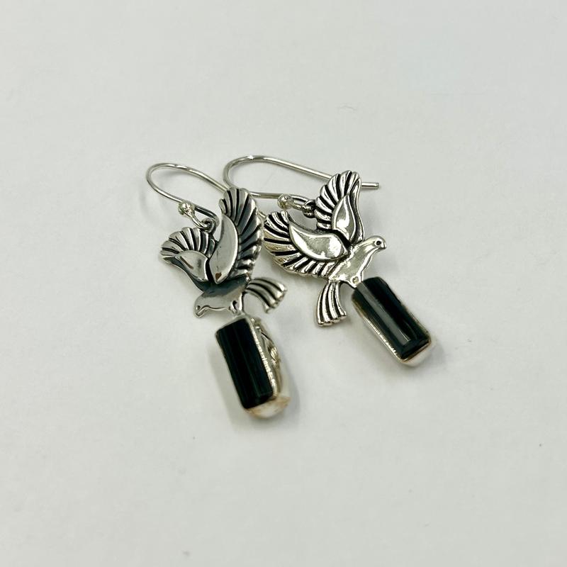 "Fly With Doves" Black Tourmaline French Hook Earrings || .925 Sterling Silver-Nature's Treasures