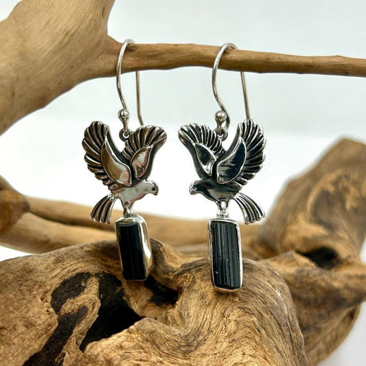 "Fly With Doves" Black Tourmaline French Hook Earrings || .925 Sterling Silver-Nature's Treasures