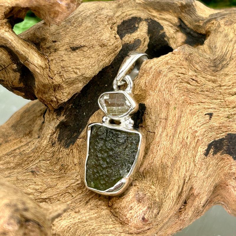 Free Form Moldavite With Herkimer Diamond Pendant || .925 Sterling Silver-Nature's Treasures