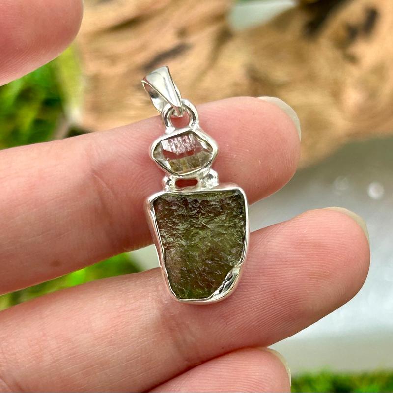 Free Form Moldavite With Herkimer Diamond Pendant || .925 Sterling Silver-Nature's Treasures