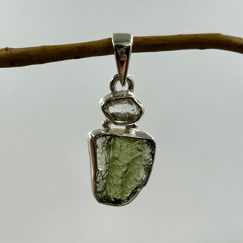 Free Form Moldavite With Herkimer Diamond Pendant || .925 Sterling Silver-Nature's Treasures