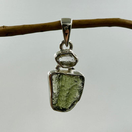Free Form Moldavite With Herkimer Diamond Pendant || .925 Sterling Silver-Nature's Treasures
