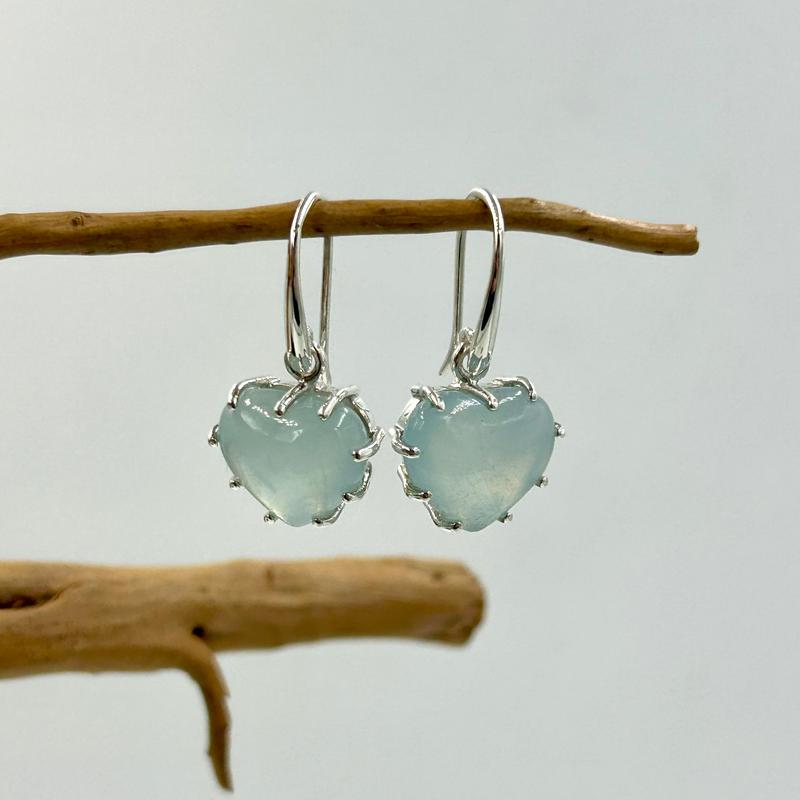 French Hook Aquamarine Puff Heart Earrings || .925 Sterling Silver-Nature's Treasures