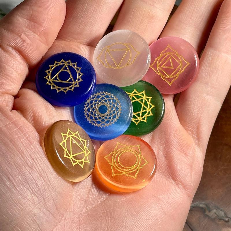 Gold Plated Fiber-Optic Glass Chakra Symbol Set | Chakra Beginners-Nature's Treasures