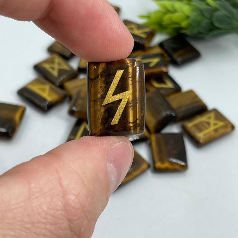 Gold Printed Rune Symbol Stone Set || Yellow Tiger's Eye-Nature's Treasures