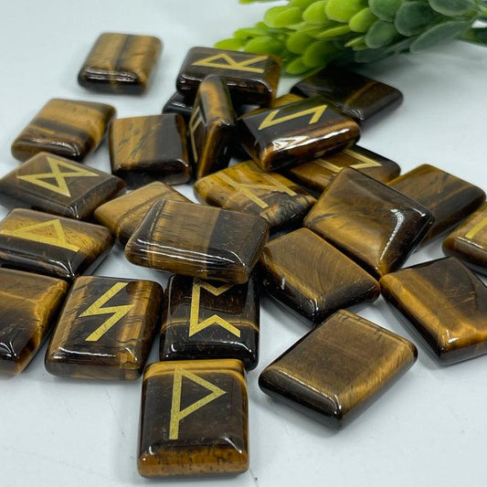 Gold Printed Rune Symbol Stone Set || Yellow Tiger's Eye-Nature's Treasures