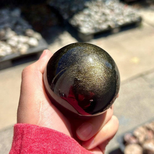 Polished Gold Sheen Obsidian Sphere in a hand with an outdoor background