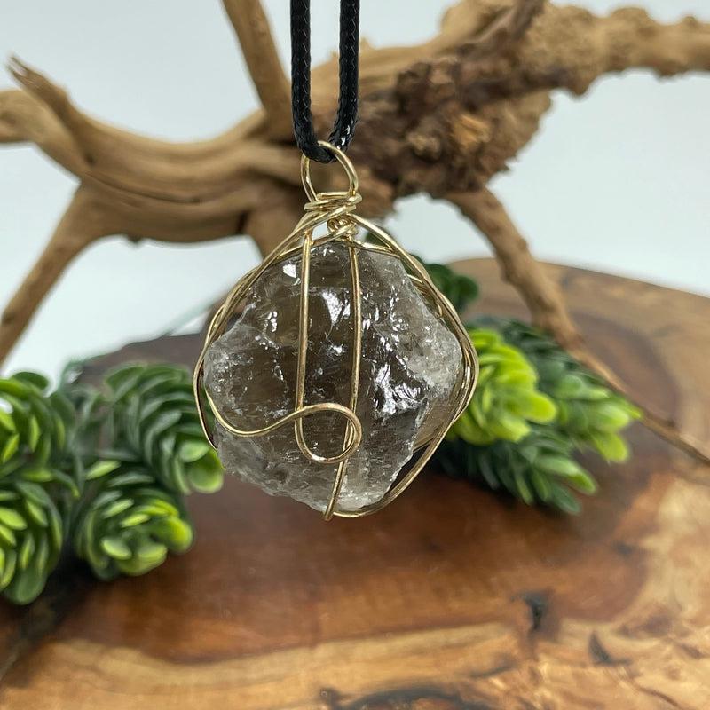 Hand-Wrapped Smoky Quartz Gold Plated Pendant || Protection, Grounding || China