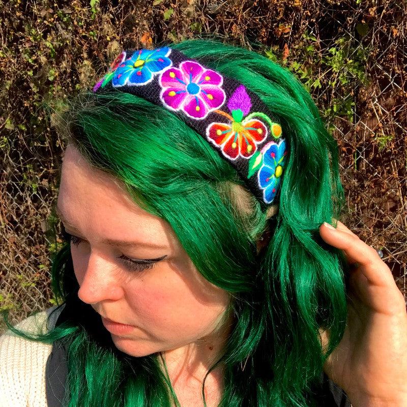 Handwoven Peruvian Floral Black Hair Bands || Hair Accessories-Nature's Treasures