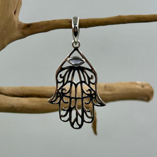 Healing Hand Hamsa With Iolite Pendant || .925 Sterling Silver-Nature's Treasures