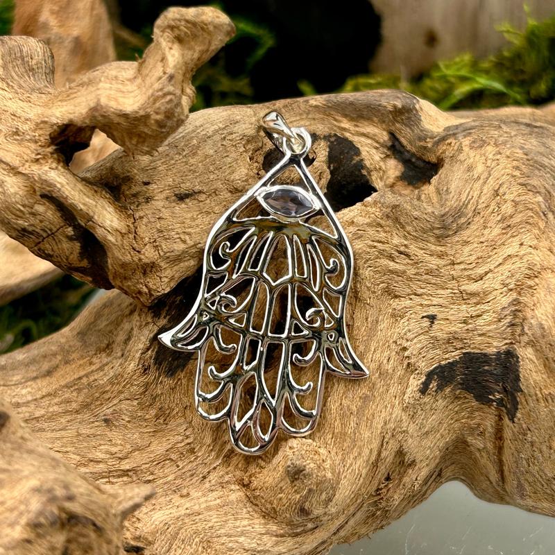 Healing Hand Hamsa With Iolite Pendant || .925 Sterling Silver-Nature's Treasures
