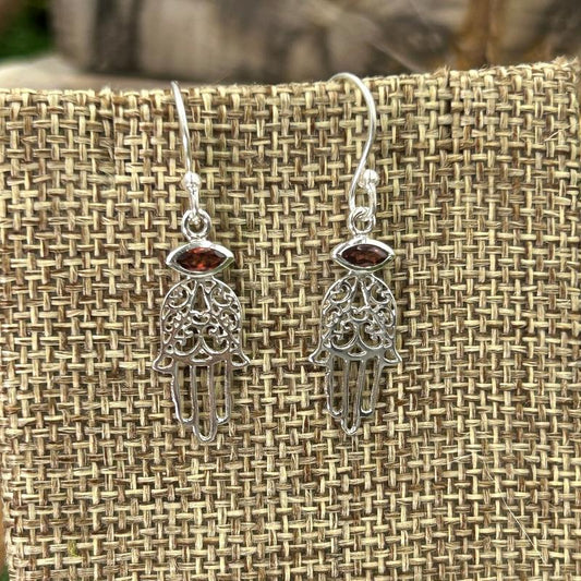 Healing Hands Hamsa With Garnet Earrings || .925 Sterling Silver-Nature's Treasures