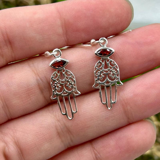 Healing Hands Hamsa With Garnet Earrings || .925 Sterling Silver-Nature's Treasures