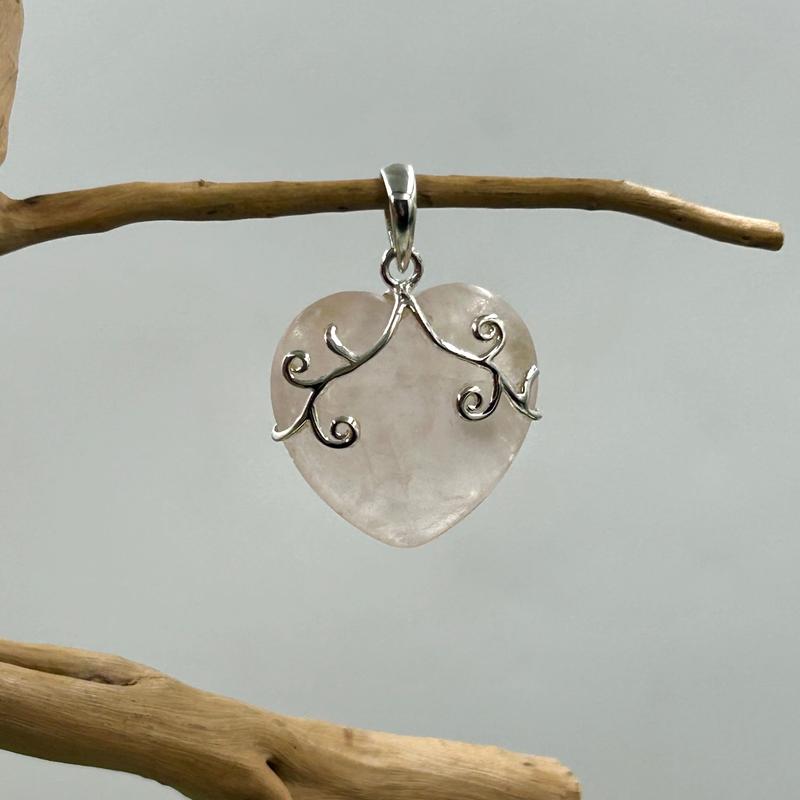 Heart Shaped Rose Quartz with Vines Pendant || .925 Sterling Silver-Nature's Treasures