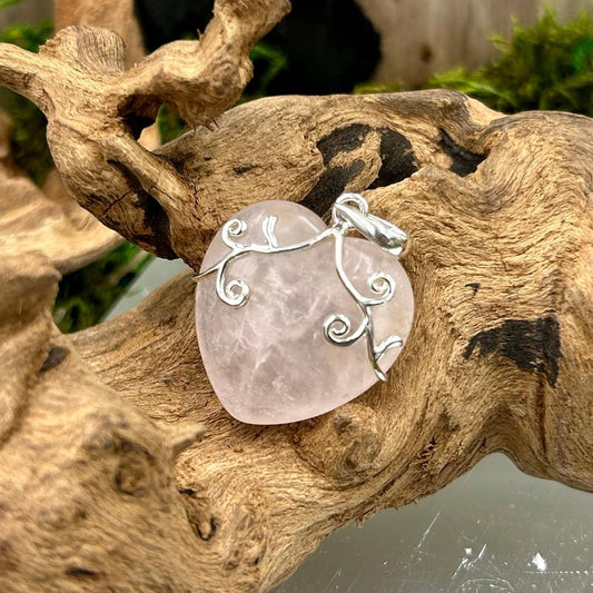 Heart Shaped Rose Quartz with Vines Pendant || .925 Sterling Silver-Nature's Treasures
