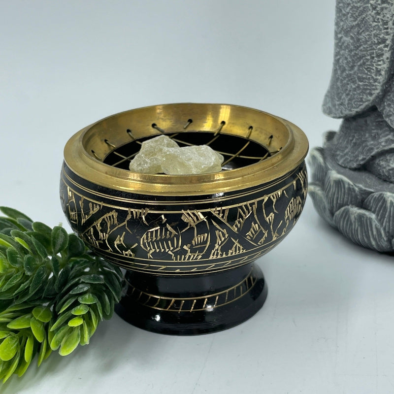 Incense Charcoal Burner Carved Brass With Screen Top || Black-Nature's Treasures