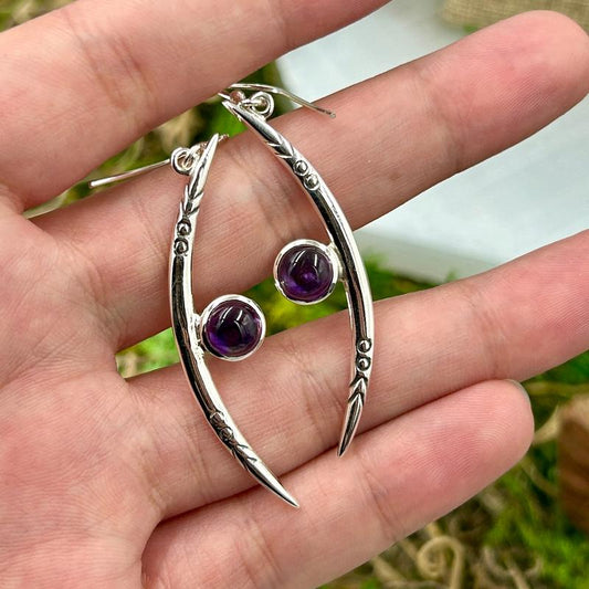 La Luna Moon Amethyst French Hook Dangle Earrings || .925 Sterling Silver-Nature's Treasures