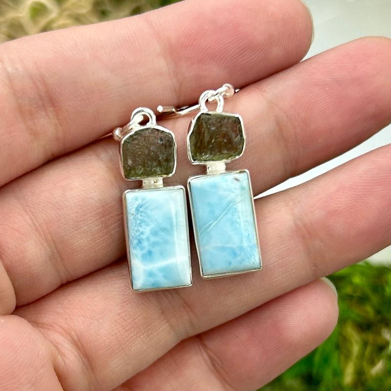 Larimar With Moldavite French Hook Earrings || .925 Sterling Silver-Nature's Treasures