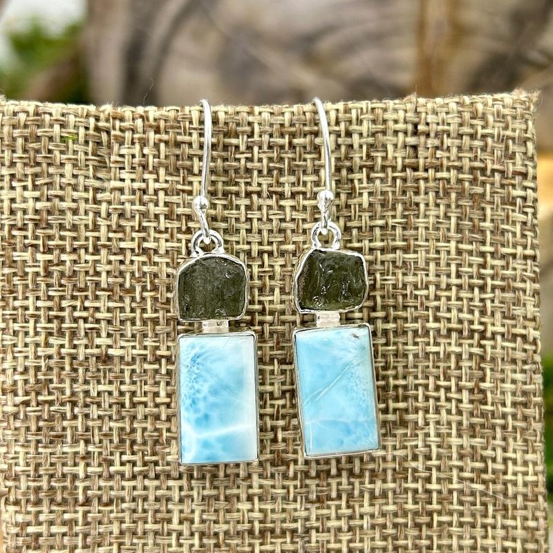 Larimar With Moldavite French Hook Earrings || .925 Sterling Silver-Nature's Treasures