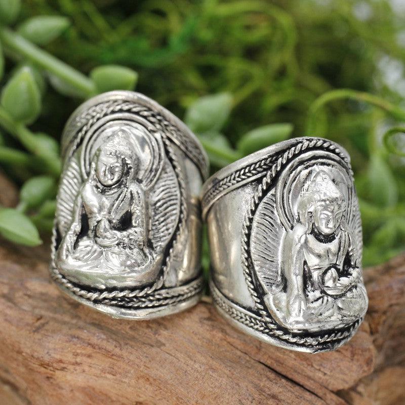 Lord Buddha Tibetan Adjustable Ring - White Metal-Nature's Treasures