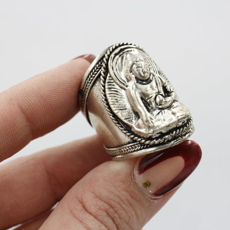 Lord Buddha Tibetan Adjustable Ring - White Metal-Nature's Treasures