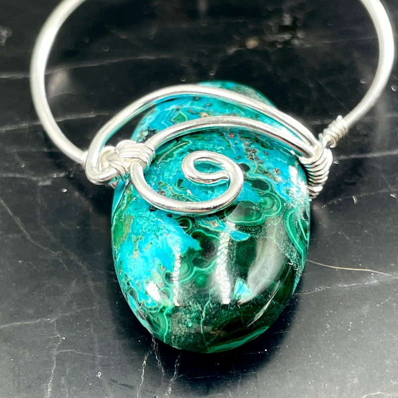 Malachite in Chrysacolla Wire Wrapped Pendant | .925 Sterling Silver-Nature's Treasures