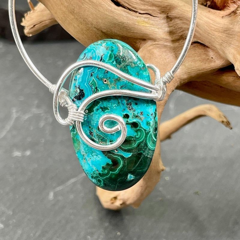 Malachite in Chrysacolla Wire Wrapped Pendant | .925 Sterling Silver-Nature's Treasures