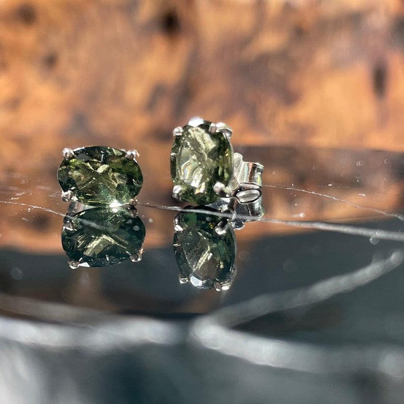 Moldavite Faceted Oval Earring Studs || .925 Sterling Silver || Czech Republic-Nature's Treasures