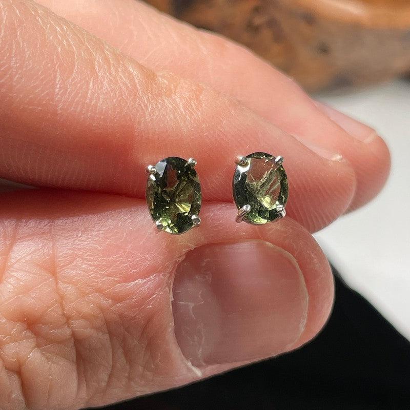 Moldavite Faceted Oval Earring Studs || .925 Sterling Silver || Czech Republic-Nature's Treasures
