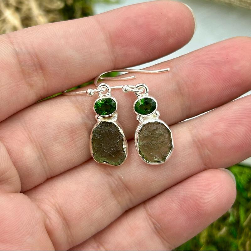 Moldavite With Chrome Diopside French Hook Earrings || .925 Sterling Silver-Nature's Treasures