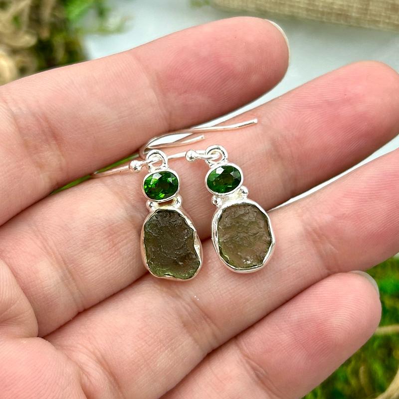Moldavite With Chrome Diopside French Hook Earrings || .925 Sterling Silver-Nature's Treasures