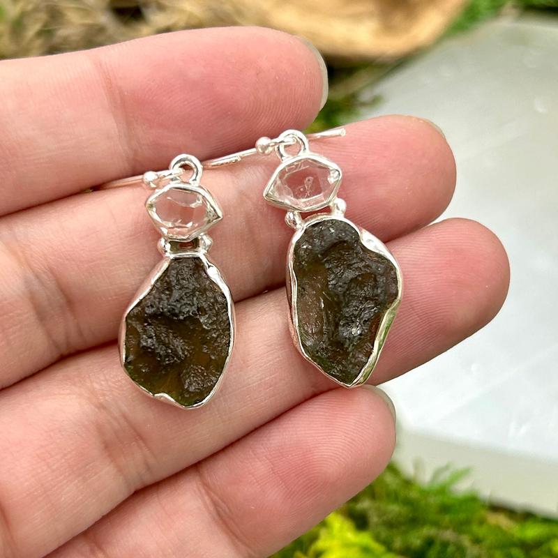 Moldavite With Herkimer Diamond French Hook Earrings || .925 Sterling Silver-Nature's Treasures