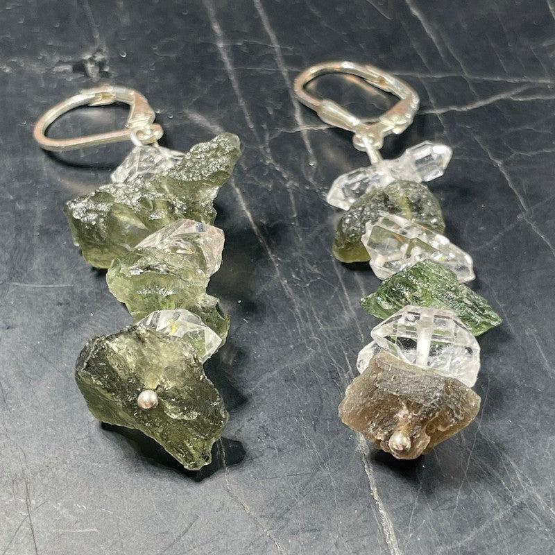 Moldavite and Herkimer Rough Chandelier Earrings .925 Sterling Silver || Czech Republic-Nature's Treasures