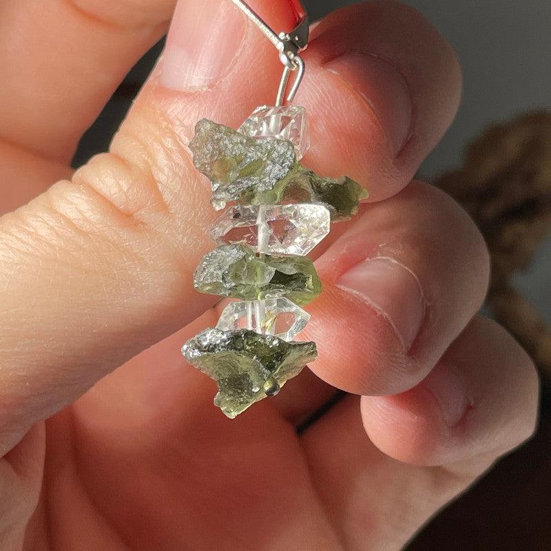 Moldavite and Herkimer Rough Chandelier Earrings .925 Sterling Silver || Czech Republic-Nature's Treasures