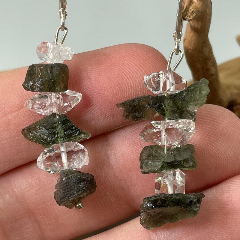 Moldavite and Herkimer Rough Chandelier Earrings .925 Sterling Silver || Czech Republic-Nature's Treasures