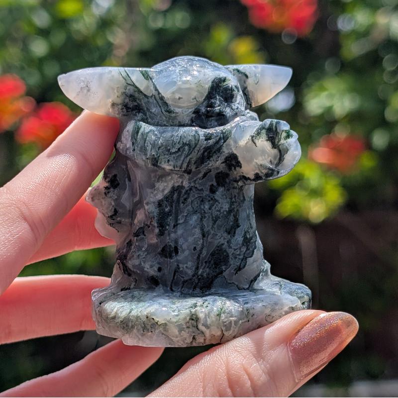 Moss Agate Yoda Statue Carving || Trunk Show-Nature's Treasures