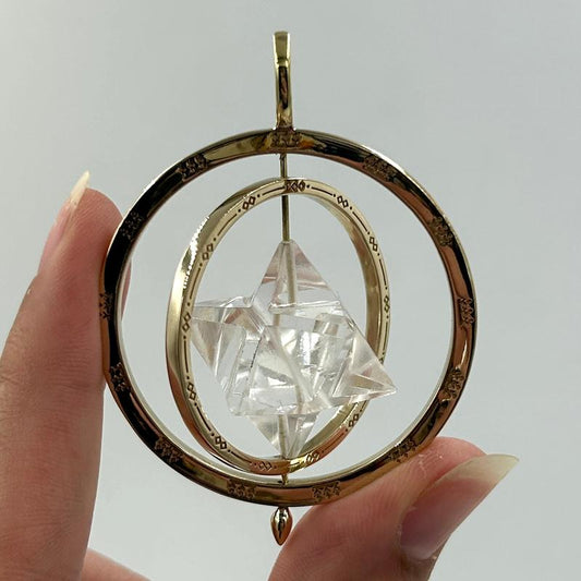Movable Gold Brass Clear Quartz Merkabah Star Pendants-Nature's Treasures