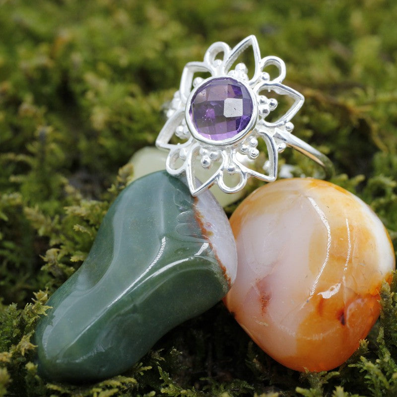 Multi-Faceted Amethyst Flower Rings || .925 Sterling Silver-Nature's Treasures